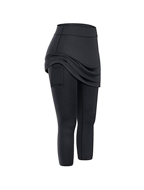 Kangma Women's Skirted Leggings Capri Skirt with Pockets Elastic Skinny Yoga Athletic Pants Golf Tennis Workout Skort