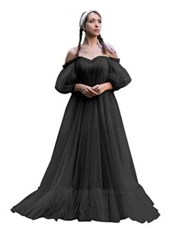 Off Shoulder Puffy Half Sleeve Prom Dress Tulle Ball Gown Princess A Line Wedding Party Dresses Formal Gown