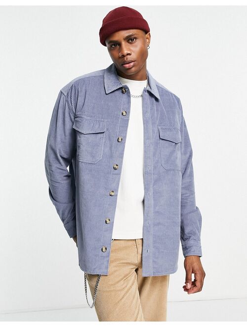 Asos Design 90s oversized cord shirt with double pockets in dusky blue