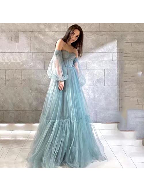 Marsen Off Shoulder Puffy Sleeve Prom Dresses Long Ball Gown Tulle A Line Princess Wedding Formal Evening Gowns