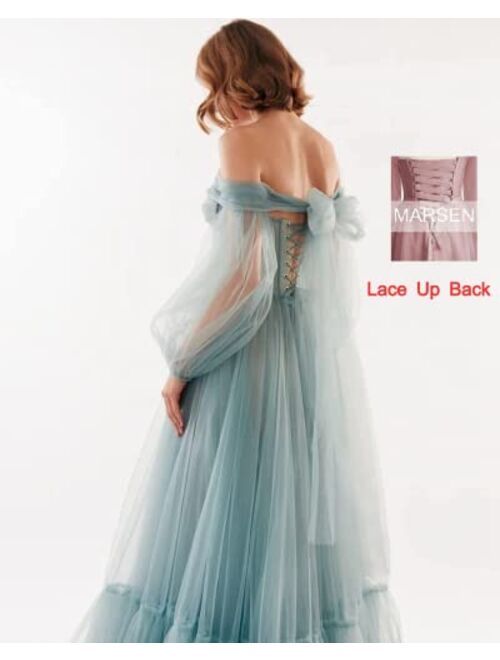 Marsen Off Shoulder Puffy Sleeve Prom Dresses Long Ball Gown Tulle A Line Princess Wedding Formal Evening Gowns