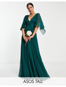 Tall Bridesmaid ruched bodice drape maxi dress with wrap waist in forest green