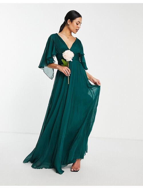 Asos Design Tall Bridesmaid ruched bodice drape maxi dress with wrap waist in forest green