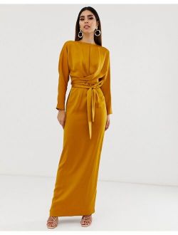 satin maxi dress with batwing sleeve and wrap waist in mustard