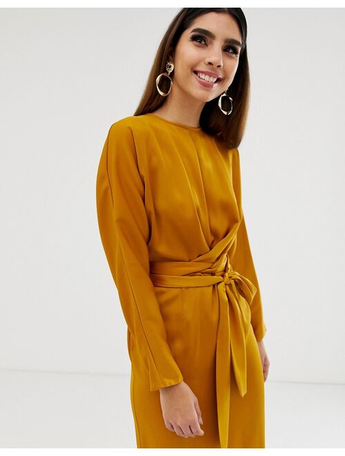 Asos Design satin maxi dress with batwing sleeve and wrap waist in mustard