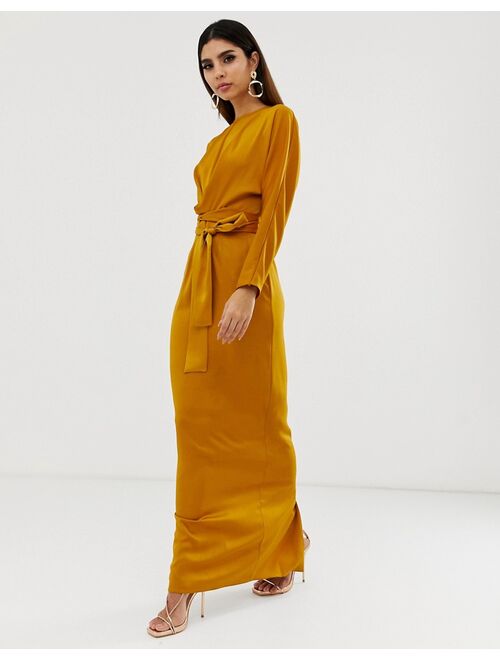 Asos Design satin maxi dress with batwing sleeve and wrap waist in mustard