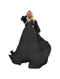 V Neck Long Sleeve Tulle Prom Dress Puffy Ruffle Ball Gown for Women Wedding A-Line Formal Gowns