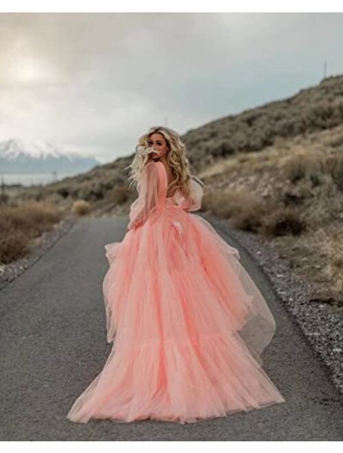Marsen V Neck Long Sleeve Tulle Prom Dress Puffy Ruffle Ball Gown for Women Wedding A-Line Formal Gowns