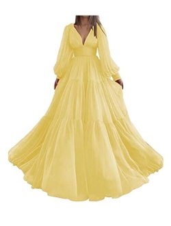 Long Puffy Sleeve Prom Dress Tulle V Neck Ball Gowns for Women A Line Formal Dress Evening Gown