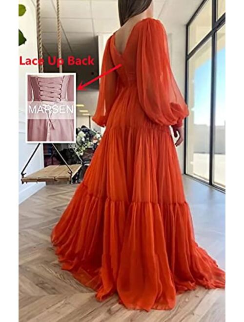 Marsen Long Puffy Sleeve Prom Dress Tulle V Neck Ball Gowns for Women A Line Formal Dress Evening Gown