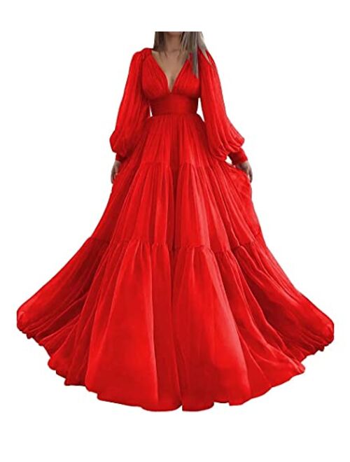 Marsen Long Puffy Sleeve Prom Dress Tulle V Neck Ball Gowns for Women A Line Formal Dress Evening Gown