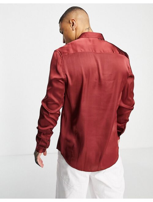 Asos Design satin shirt in dark burgundy