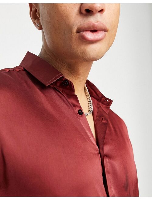 Asos Design satin shirt in dark burgundy