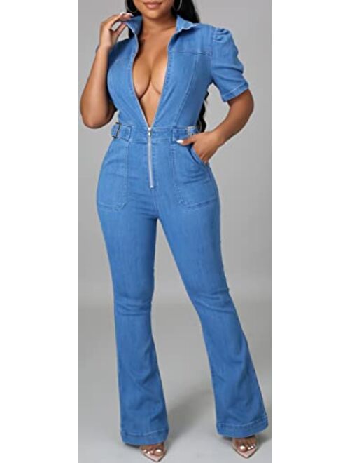 Sxclub Sexy Denim Jumpsuit for Women Casual Long Sleeve Jean Pants Rompers with Zipper Pockets
