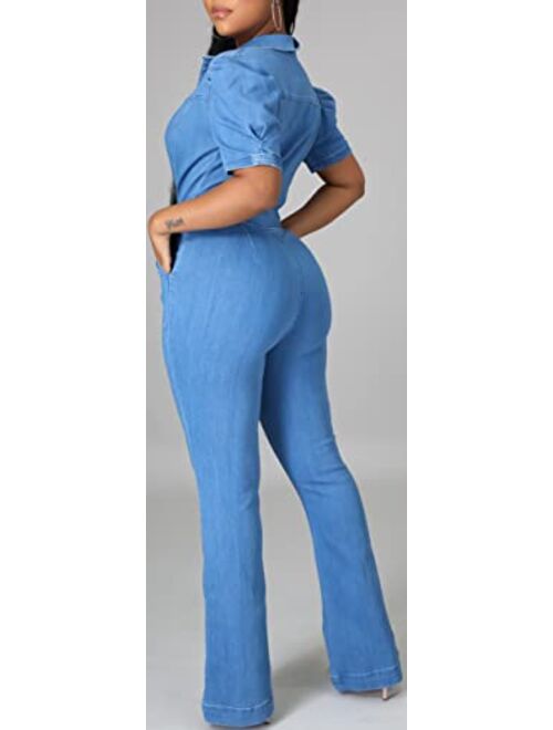 Sxclub Sexy Denim Jumpsuit for Women Casual Long Sleeve Jean Pants Rompers with Zipper Pockets