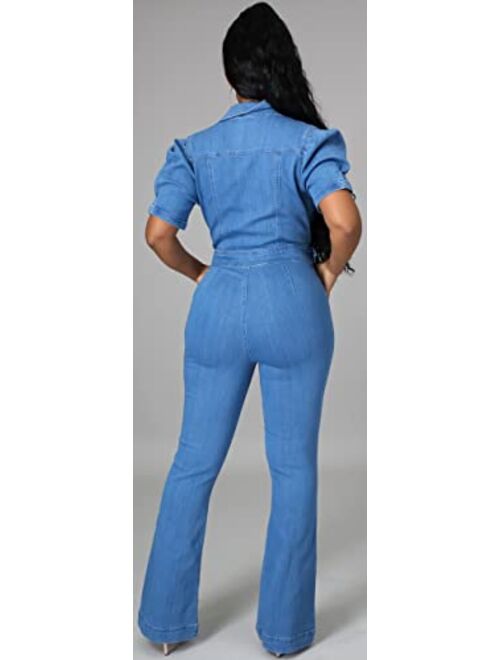 Sxclub Sexy Denim Jumpsuit for Women Casual Long Sleeve Jean Pants Rompers with Zipper Pockets