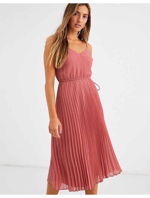 Asos Design pleated cami midi dress with drawstring waist in dark pink
