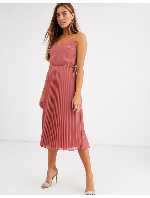 Asos Design pleated cami midi dress with drawstring waist in dark pink