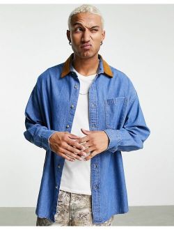 extreme oversized denim shirt with cord collar in mid wash