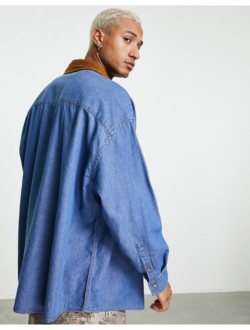Asos Design extreme oversized denim shirt with cord collar in mid wash