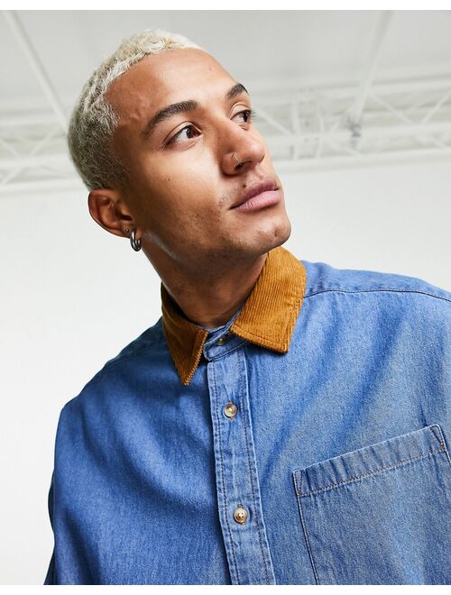 Asos Design extreme oversized denim shirt with cord collar in mid wash