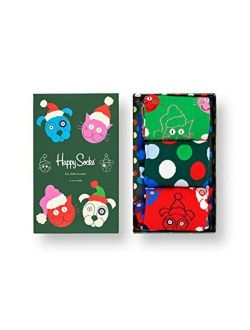 , Colorful Premium Cotton Socks Gift Box for Men and Women, 3 Pairs, Santa Animals Gift Box