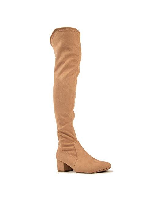 Qupid Sign Boots for Women - Faux Suede Thigh High Zip-Up Chunky Heeled Boot