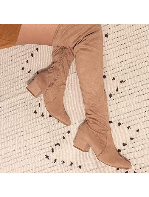 Qupid Sign Boots for Women - Faux Suede Thigh High Zip-Up Chunky Heeled Boot
