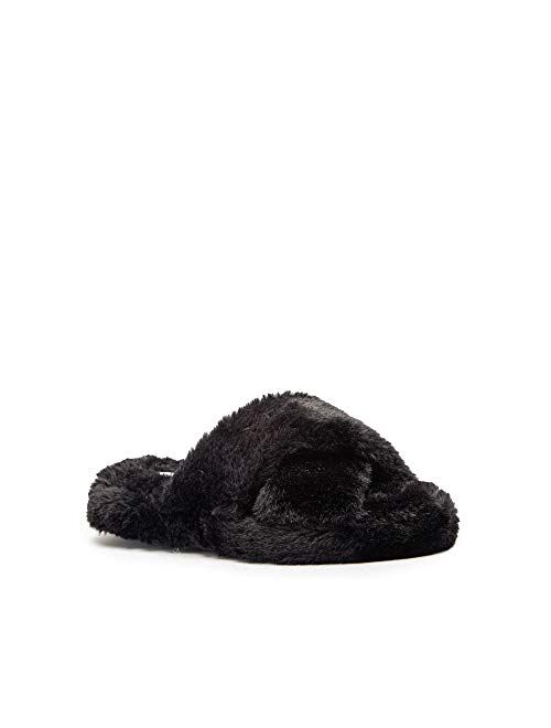 Qupid Cari House Slippers for Women - Faux Fur Cross Band Fluffy Indoor Slipper