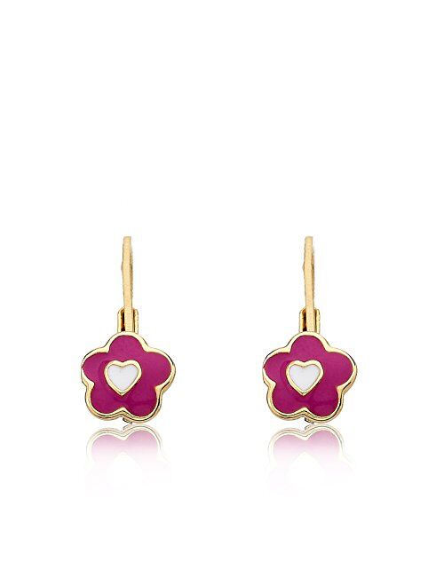 Little Miss Twin Stars Kids Earrings - 14k Gold Plated Flowers With Heart in Center Leverback Earrings - Hypoallergenic and Nickel Free for Sensitive Ears