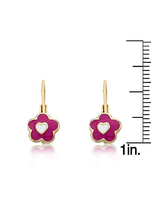 Little Miss Twin Stars Kids Earrings - 14k Gold Plated Flowers With Heart in Center Leverback Earrings - Hypoallergenic and Nickel Free for Sensitive Ears