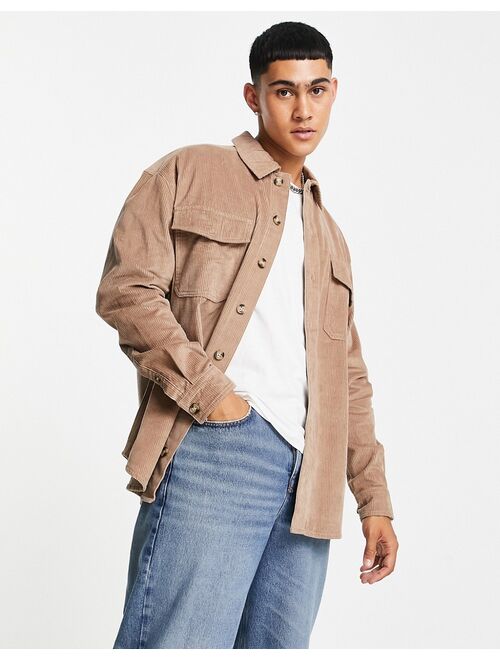 Asos Design 90s oversized cord shirt with double pockets in taupe