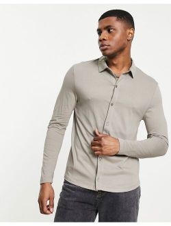 long sleeve organic cotton blend button through jersey shirt in beige