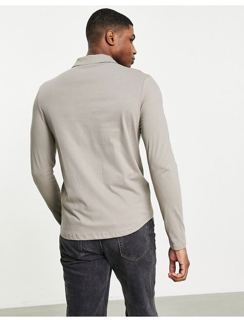 Asos Design long sleeve organic cotton blend button through jersey shirt in beige
