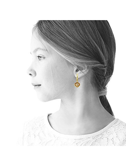 Little Miss Twin Stars Hammered 14k Gold-Plated Huggy Earring With Faceted Clover Dangle - Hypoallergenic and Nickel Free For Sensitive Ears