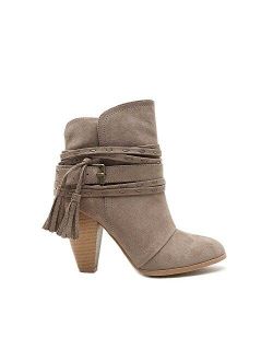 Raelynn-32 Taupe Suede Strappy Buckle Chunky Stacked Heeled Booties