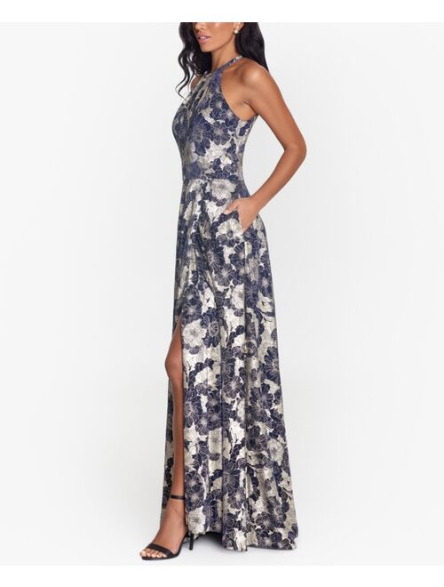 Betsy & Adam Petite Floral Halter-Neck Gown