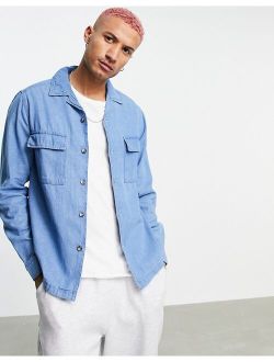 denim overshirt in mid wash blue with revere collar