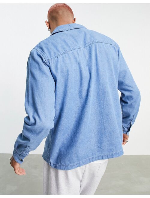 Asos Design denim overshirt in mid wash blue with revere collar