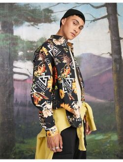 boxy oversized shirt in twill with floral and text print