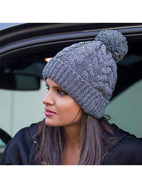 S A Store S A Co. Beanie | Mixed Grey Pom Beanie - 100% Acetate, Double-Needle Stitching, Machine Washable