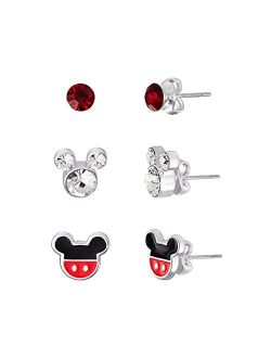 Minnie and Mickey Mouse Silver Plated Crystal Stud Earring Set, 3 Pairs - Officially Licensed