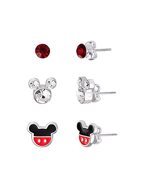 Disney Minnie and Mickey Mouse Silver Plated Crystal Stud Earring Set, 3 Pairs - Officially Licensed
