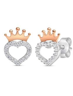 Princess Sterling Silver Cubic Zirconia Heart Crown Stud Earrings