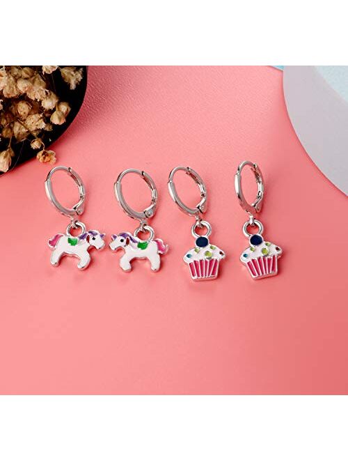 Tamhoo 10/20 Pairs Silver Mini Hoop Earrings with Charm Cat Dog Unicorn- Cute Earrings for Teen Girls - Pink Animal Earrings for Girls - Colorful Crystal Earrings for Gir