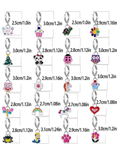 Tamhoo 10/20 Pairs Silver Mini Hoop Earrings with Charm Cat Dog Unicorn- Cute Earrings for Teen Girls - Pink Animal Earrings for Girls - Colorful Crystal Earrings for Gir