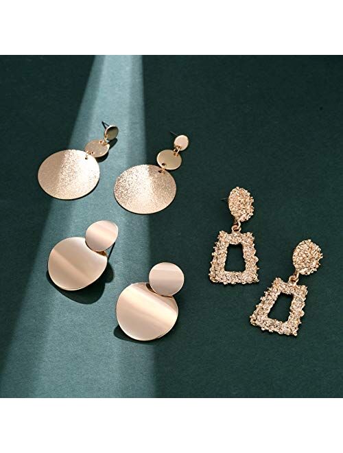Tamhoo 9/10 Pairs Mixed Wholesale Gold/Silver Raised Design Statement Earrings Punk Style Drop Earrings for Women Geometric-Shaped Chunky Metal Fashing Eardrops Lightweig