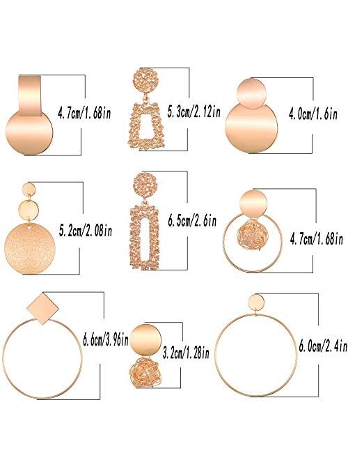 Tamhoo 9/10 Pairs Mixed Wholesale Gold/Silver Raised Design Statement Earrings Punk Style Drop Earrings for Women Geometric-Shaped Chunky Metal Fashing Eardrops Lightweig