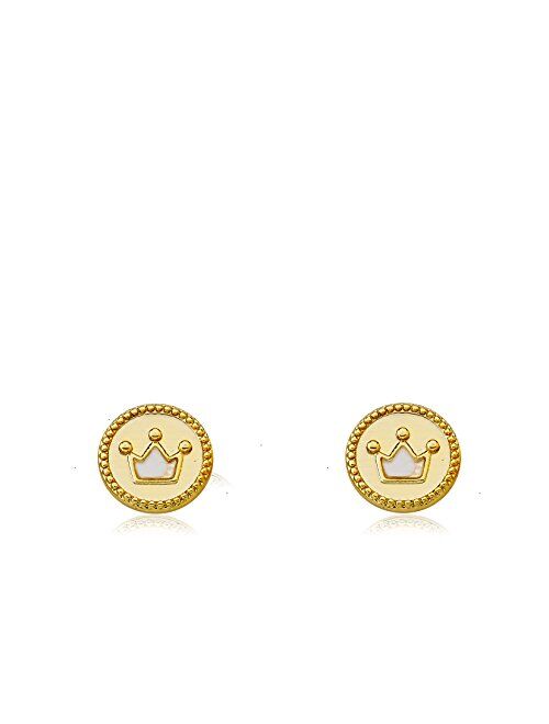 Little Miss Twin Stars LMTS Little Miss Flower Girl 14K Gold Plated Crown Cut Out Over Mother of Pearl Stud Earring