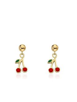 Girls Earrings - 14k Gold-Plated Cherries Dangle Earring - Surgical Steel Post for Sensitive Ears